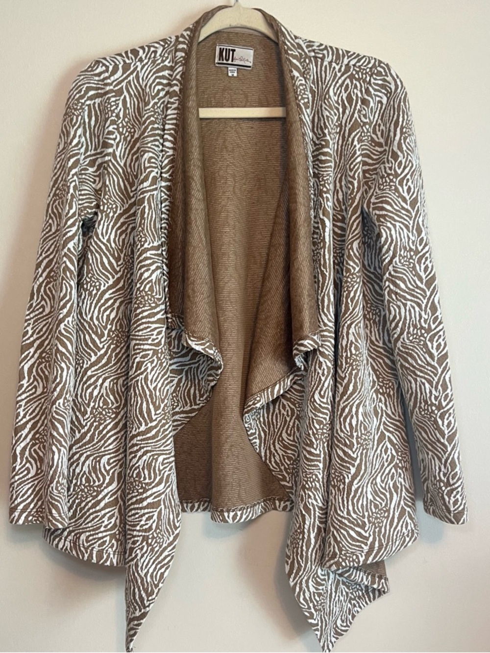 KUT from the Kloth Taupe & White Zebra Patterned Open Front Sweater Cardigan